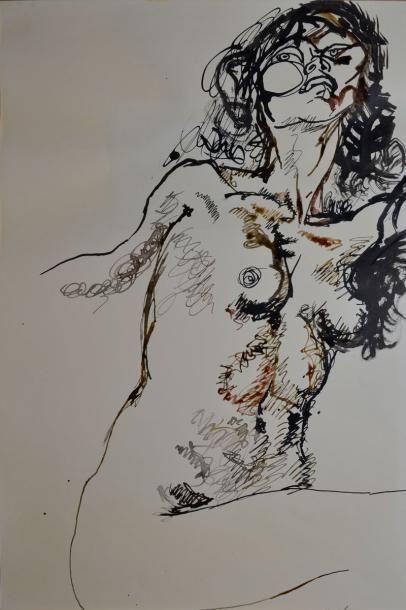 Renato GUTTUSO Nudo, 1964 Encres brune et noire (traces de colle), étiquette au dos:...