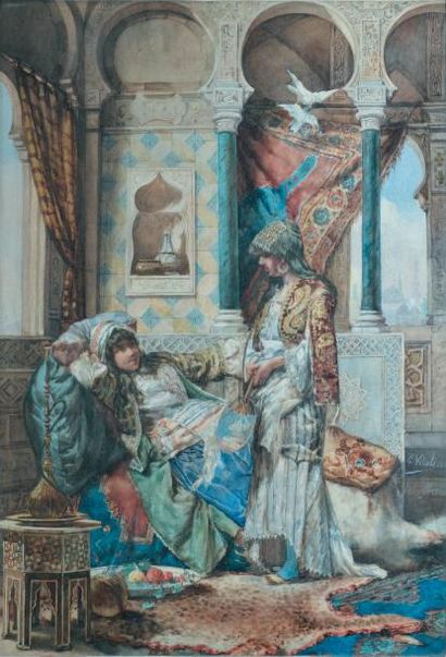 VITALI E. Deux femmes au harem, 1886 Roma Aquarelle gouachée, signée, située et datée...