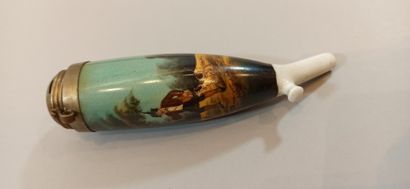 null Set of 6 German pipes. 4 with porcelain stoves with lithographed hunting scene...