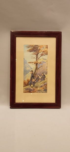 null A. BERNARD, FRENCH SCHOOL LATE 19th CENTURY,

"Three hunters on foot resting...