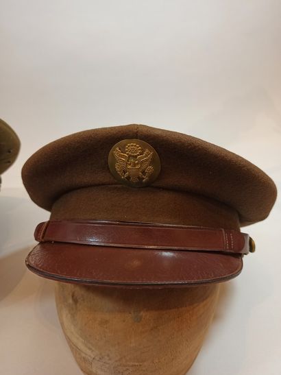 null Set of three American headdresses: Two olive wool woollen troop style caps with...