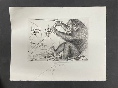  TREMOIS Pierre Yves (1926-2020) 
Le singe graveur 
Eau forte signée et datée en...