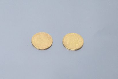  Deux pièces en or de 20 francs Coq 1905 - 1909. 
 
Poids : 12.90 g -TB à TTB.