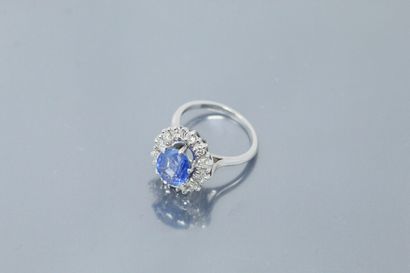 null 18k (750) white gold daisy ring set with an oval sapphire in an entourage of...