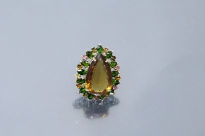 null Important silver ring decorated with a pear-shaped citrine with coloured stones....