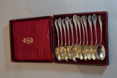 null Twelve silver coffee spoons (950), piriform model decorated with ears of wheat,...