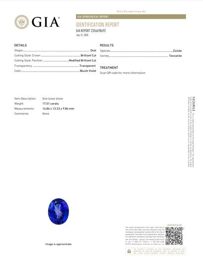  Tanzanite ovale sur papier. 
Accompagnée d'un certificat GIA datant du 31/07/2020....