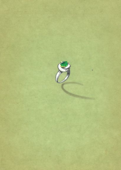  ANONYMOUS 
Project for a white gold or platinum ring centered on a step-cut emerald...