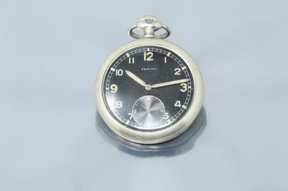  ZENITH 
Steel pocket watch with screwed case back. Black dial with Arabic numerals...