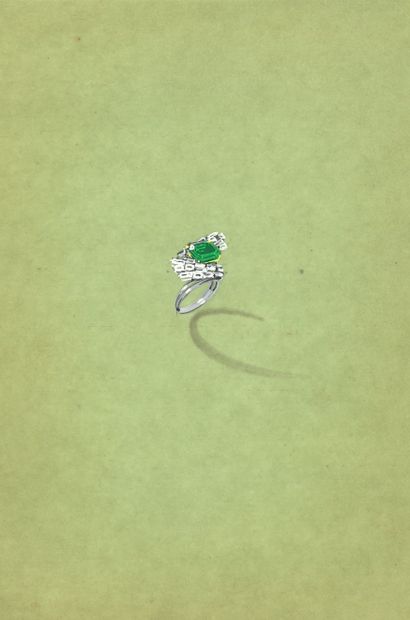  ANONYMOUS 
Project for a ring in white gold or platinum, centered on a cut emerald...