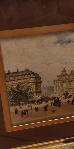  HOMO Alexandre, 1840-1889 
La place de l'Opéra, Paris 
aquarelle et rehauts de gouache...