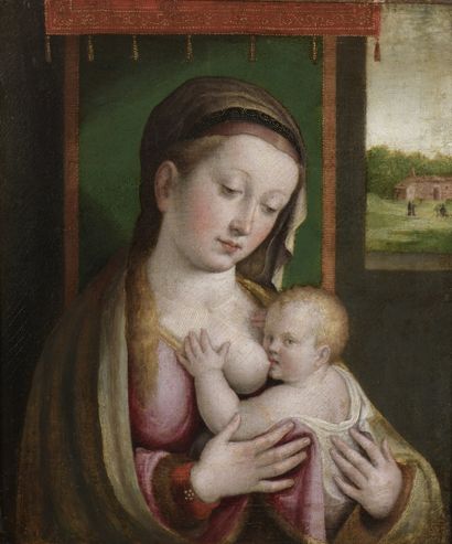 
ECOLE FLAMANDE OU ITALIENNE du XVI siècle
La Vierge allaitant l'Enfant Jésus
Huile...