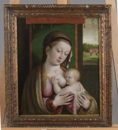  ECOLE FLAMANDE OU ITALIENNE du XVI siècle La Vierge allaitant l'Enfant Jésus Huile...