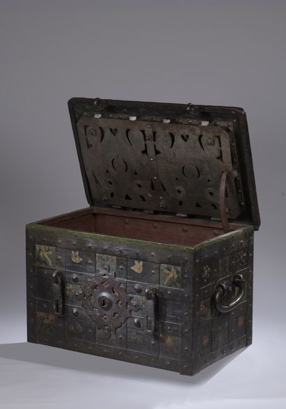 null Wrought-iron cash box with painted floral motifs. Iron bands squaring, front...