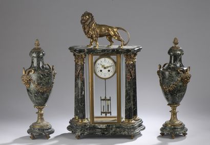 null Verde Saint Denis marble mantel set consisting of a portico clock decorated...