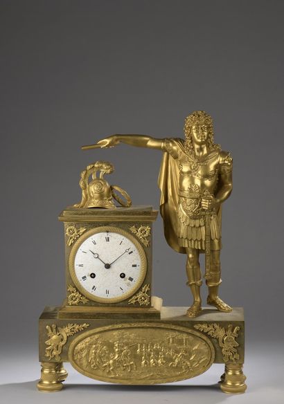 null Gilded bronze Sun King clock resting on a rectangular base decorated with a...