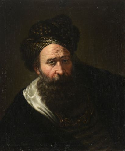 
REMBRANDT Harmensz van Rijn (Dans le Goût de)
1606 - 1669
Portrait d'homme au turban oriental
Huile sur toile (rentoilage ; agrandi à gauche sur le pourtour)
H.: 74 cm - L.: 61...