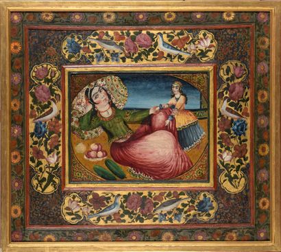 null Portrait of a courtesan 

Polychrome pigments and gold on wood 

Iran, 20th...