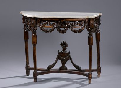 null Half-moon console in oak and stained wood carved and molded, gray veined white...