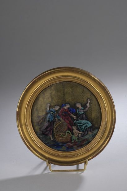 null Circular polychrome enamel plate with gold highlights representing the son of...