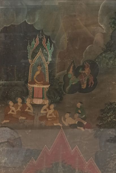 null THAILANDE - XIXe siècle

Détrempe sur toile, bouddha Amitayus assis en méditation,...