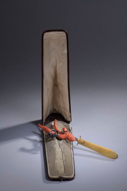 null Letter opener with coral handle with silver element and engraved and gilded...