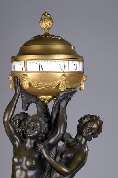 null Clock with the three Graces resting on an ormolu base decorated with a frieze...