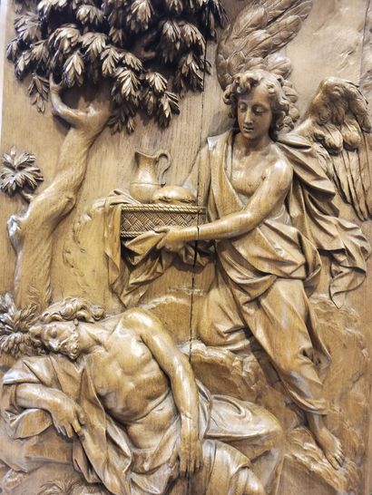 null Large convex oak panel carved in high relief depicting Elijah being fed by an...
