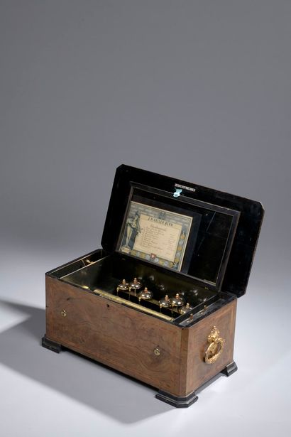 null Nice music box with cylinder and 6 chimes by J.H. HELLER playing ten tunes including...