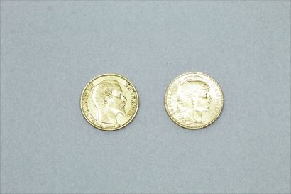  Lot de 2 pièces en or de 20 Francs : Napoléon III tête nue (1853 A) et au coq (1913)....