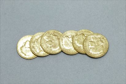 Lot de six pièces en or de 20 francs Coq....