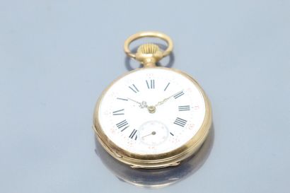 null 18k (750) yellow gold pocket watch, white enamelled dial with Roman and Arabic...
