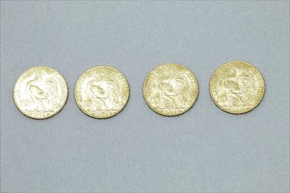 null Lot of four 20 francs yellow gold coins with a rooster (1914)

TTB to SUP

Weight...