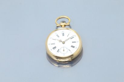 null 18k (750) yellow gold pocket watch, enamelled dial with cream background, Roman...