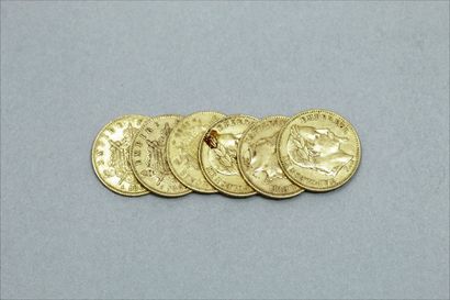 null Lot de 6 pièces en or de 20 Francs Napoléon III tête laurée : 

A, Paris : 1864,...