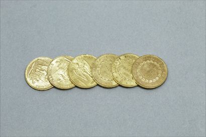 null Lot of six gold coins of 20 francs Genie. (1848 A ; 1873 A ; 1876 A ; 1877 A...