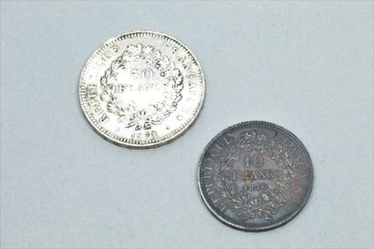null Lot de deux pièces en argent de 10 francs (1970) et 50 francs (1978)

Poids...