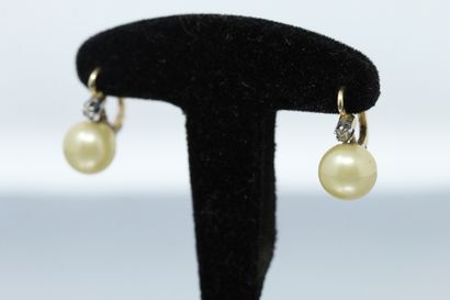 null Pair of 18k (750) yellow gold sleepers with a baroque pearl set with a small...