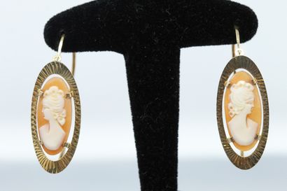 null Pair of 18K (750) yellow gold earrings set with shell cameos representing a...