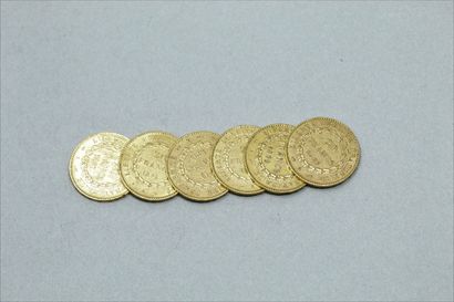 Lot de six pièces en or de 20 francs Génie....