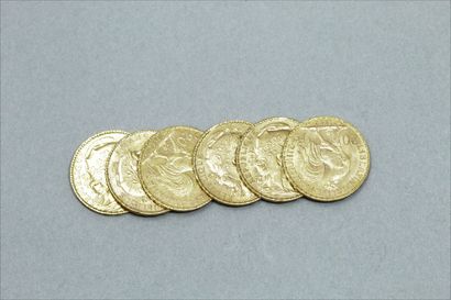 null Lot of six gold coins of 20 francs Coq. (1901 ; 1906 ; 1907 x 2 ; 1908 ; 1913)....