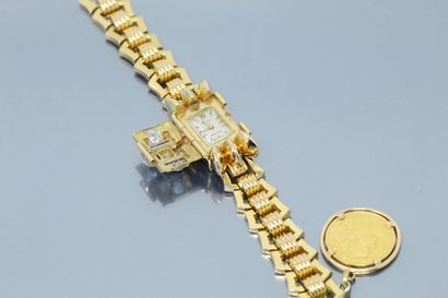 null Montre bracelet de dame en or jaune 18K (750), boîtier rectangulaire à couvercle...