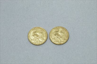 null Lot of two gold coins of 20 Francs au coq 1901,1902.

Weight : 12.90 g.