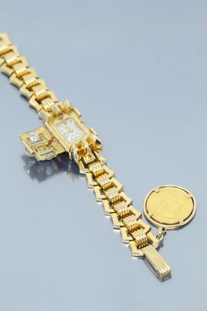 null Montre bracelet de dame en or jaune 18K (750), boîtier rectangulaire à couvercle...