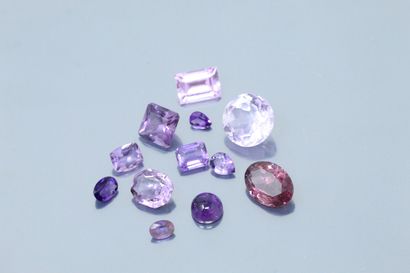 null Lot of twelve amethysts of various sizes (cabochon, oval, pear, square) on paper....