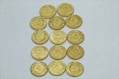  Lot de 14 pièces en or de 20 Francs Napoléon III tête nue : 
A Paris : 1852, 1854x3,...