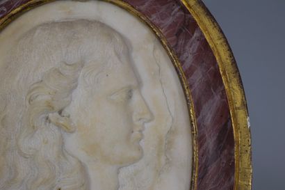 null Right profile of a long-haired woman in white marble, in a gilded and painted...