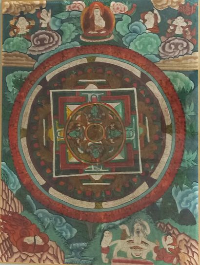 null Tangka, tempera on fabric, mandala surrounded by clouds, surmounted by a lama...