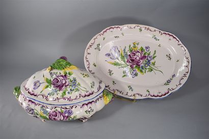 null Soup tureen and its server in earthenware with decoration of a rose and flowers,...