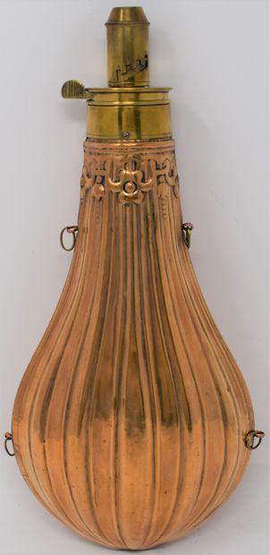 null Large pear-shaped powder flask decorated with a brass balloon with four suspension...